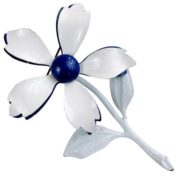 Vintage 60's Blue White Enamel Flower Brooch Pin Retro Mid Century Metal Jewelry - Picture 1 of 11